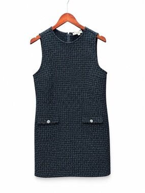 Loft Metallic Tweed Fringe Pocket Mini Dress. Black design with silver buttons.